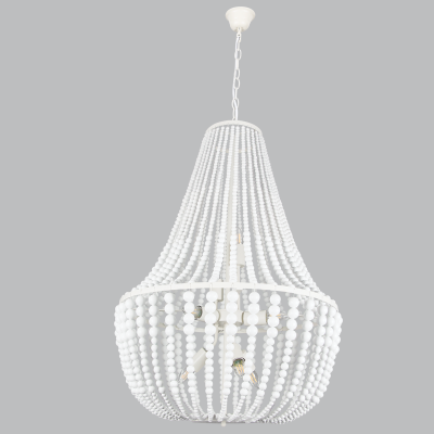 Beaded Chandelier - 8 Lamp - Metal / Wood - White